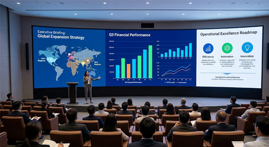 Corporate auditorium with large LED presentation wall